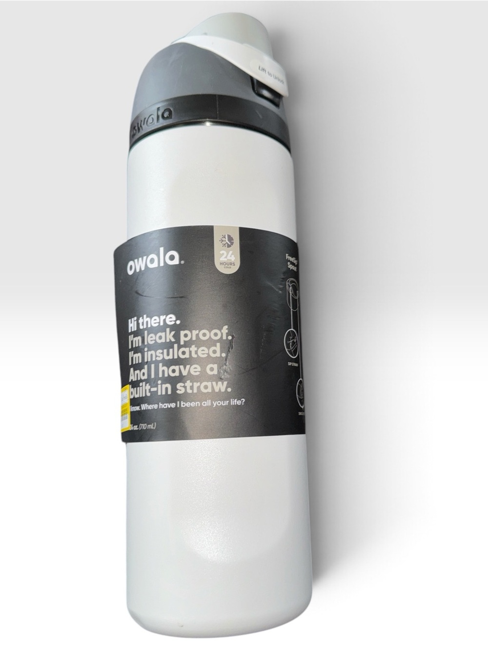 Owala White w/Gray & Blk Cover. Insulated Water Bottle with Built-In Straw